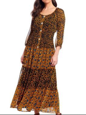 Fig & Flower Leopard Floral Tiered Maxi Dress L Boho Anthropologie EUC